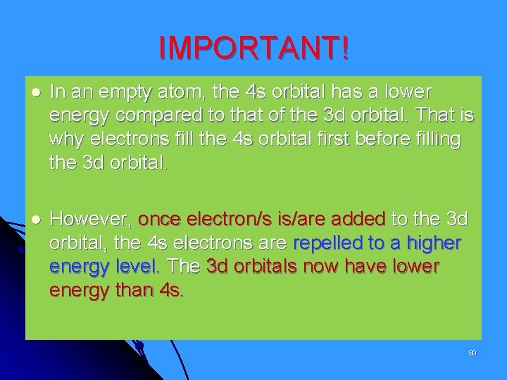 IMPORTANT! In an empty atom, the 4 s orbital has a lower energy compared