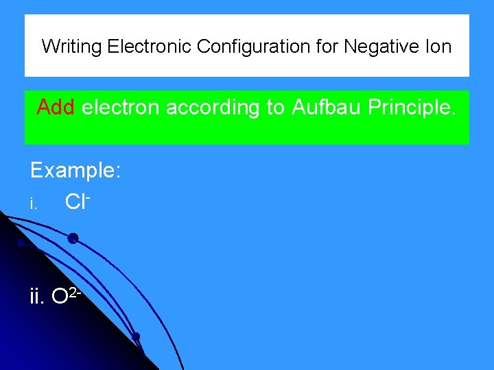 Writing Electronic Configuration for Negative Ion Add electron according to Aufbau Principle. Example: i.