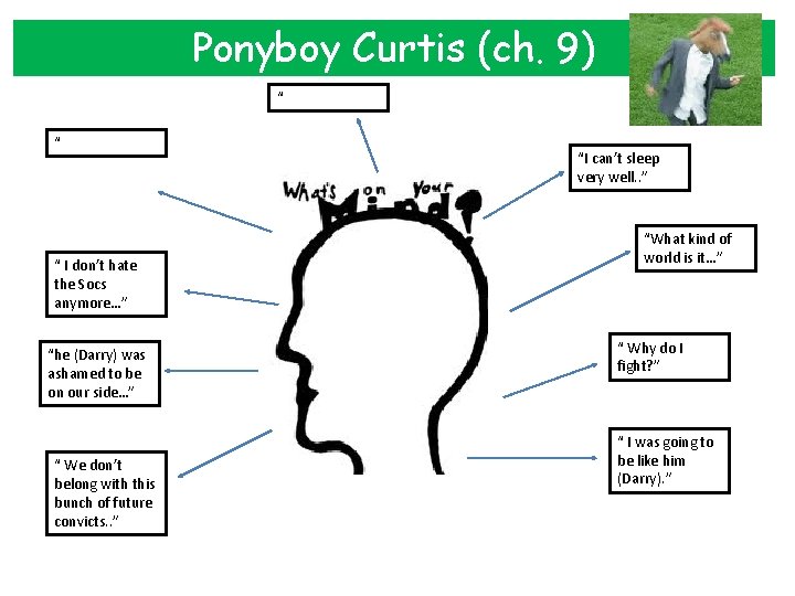 Ponyboy Curtis (ch. 9) “ “ “ I don’t hate the Socs anymore…” “he