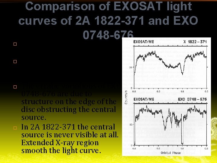 Comparison of EXOSAT light curves of 2 A 1822 -371 and EXO 0748 -676