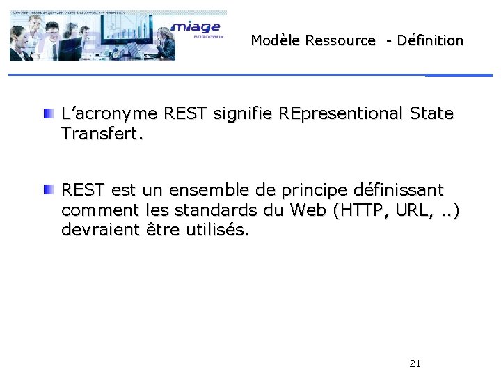 Modèle Ressource - Définition L’acronyme REST signifie REpresentional State Transfert. REST est un ensemble