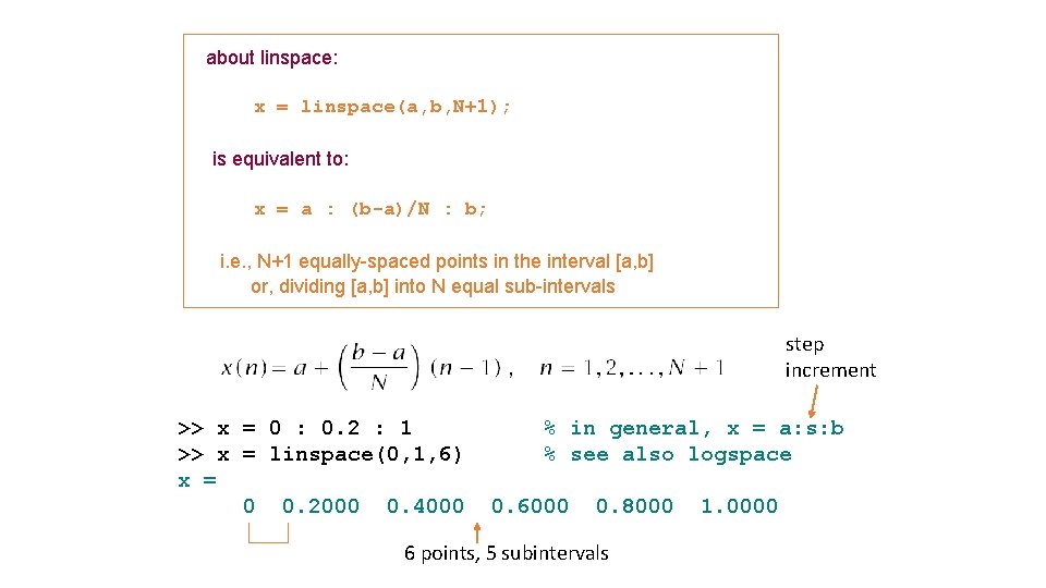 about linspace: x = linspace(a, b, N+1); is equivalent to: x = a : about linspace: x = linspace(a, b, N+1); is equivalent to: x = a :