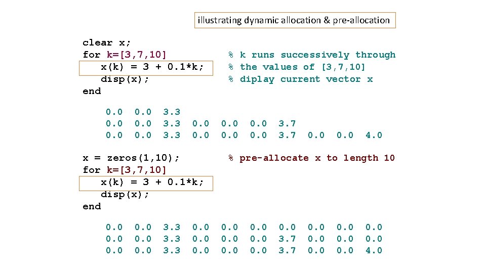 illustrating dynamic allocation & pre-allocation clear x; for k=[3, 7, 10] x(k) = 3