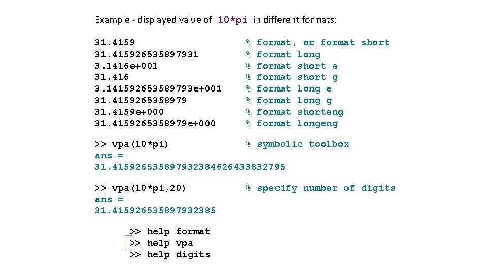 Example - displayed value of 10*pi in different formats: 31. 415926535897931 3. 1416 e+001 Example - displayed value of 10*pi in different formats: 31. 415926535897931 3. 1416 e+001