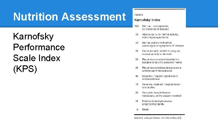 Nutrition Assessment Karnofsky Performance Scale Index (KPS) 