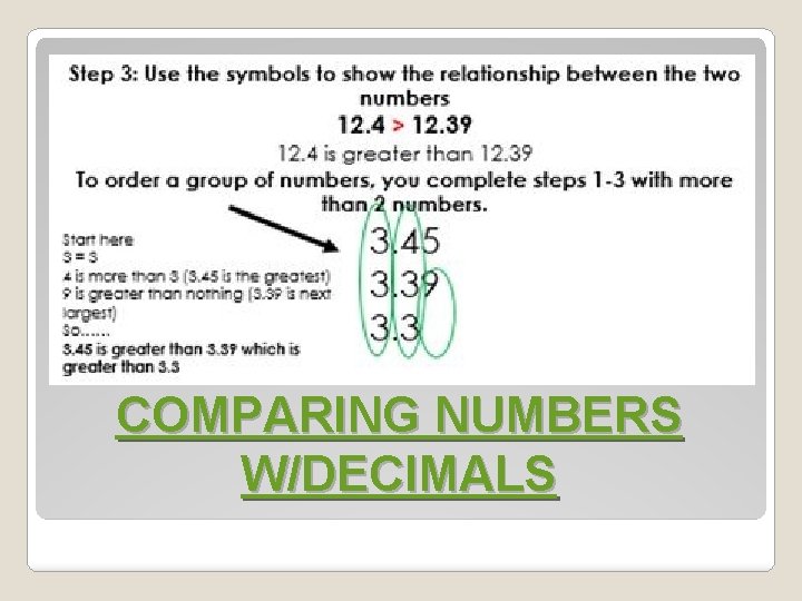 COMPARING NUMBERS W/DECIMALS 