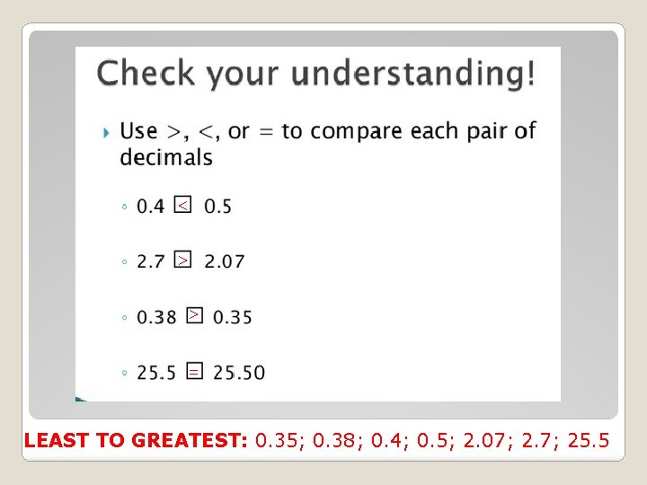 < > > = LEAST TO GREATEST: 0. 35; 0. 38; 0. 4; 0.