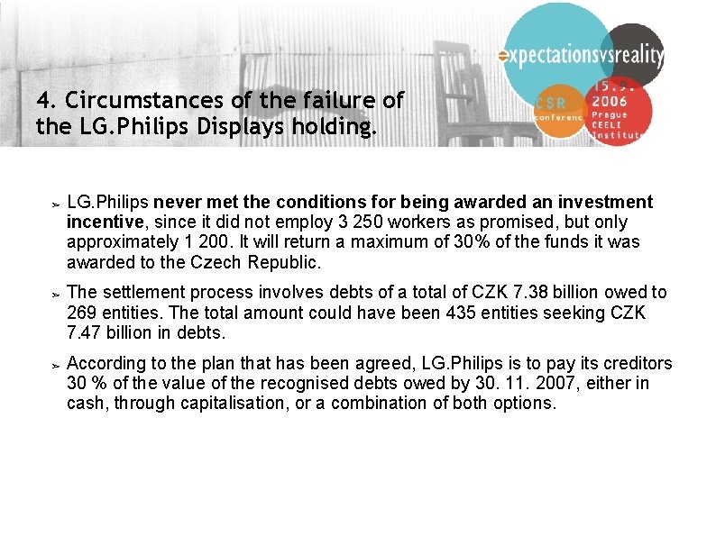 4. Circumstances of the failure of the LG. Philips Displays holding. ➢ ➢ ➢