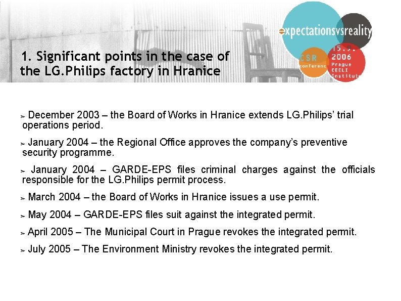 1. Significant points in the case of the LG. Philips factory in Hranice December