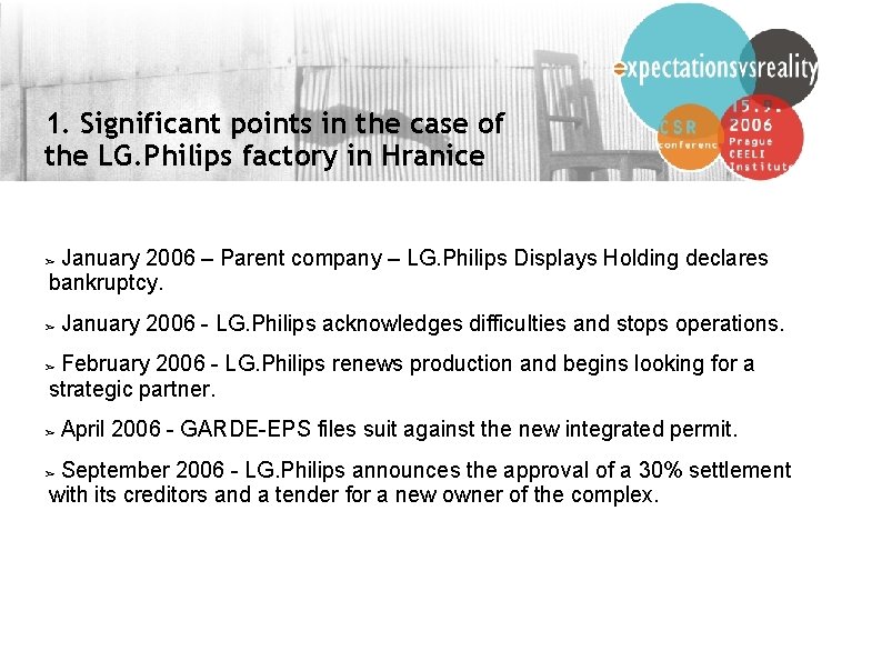 1. Significant points in the case of the LG. Philips factory in Hranice January
