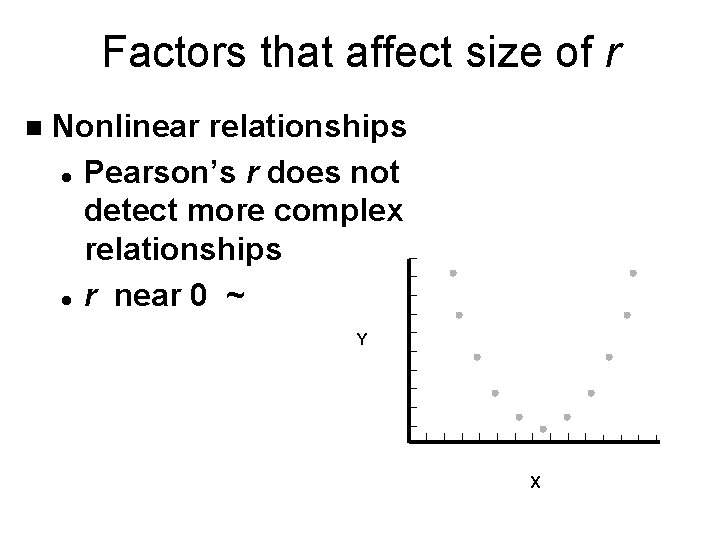 Factors that affect size of r n Nonlinear relationships l Pearson’s r does not