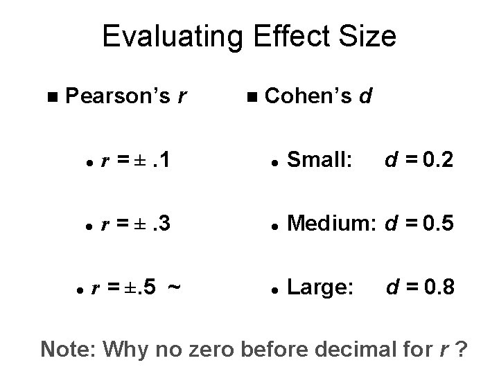Evaluating Effect Size n Pearson’s r l n Cohen’s d l r = ±.