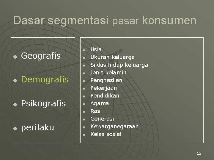 Dasar segmentasi pasar konsumen u Geografis u u Demografis u u Psikografis u u