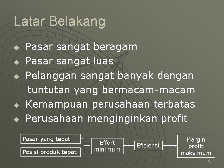 Latar Belakang u u u Pasar sangat beragam Pasar sangat luas Pelanggan sangat banyak