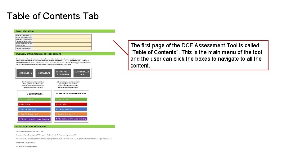 Table of Contents Tab The first page of the DCF Assessment Tool is called