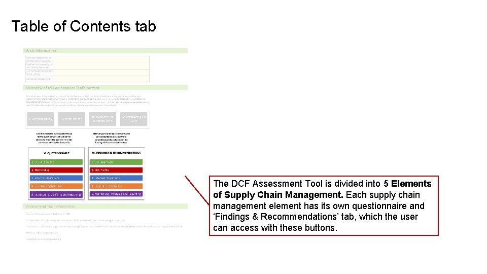 Table of Contents tab The DCF Assessment Tool is divided into 5 Elements of