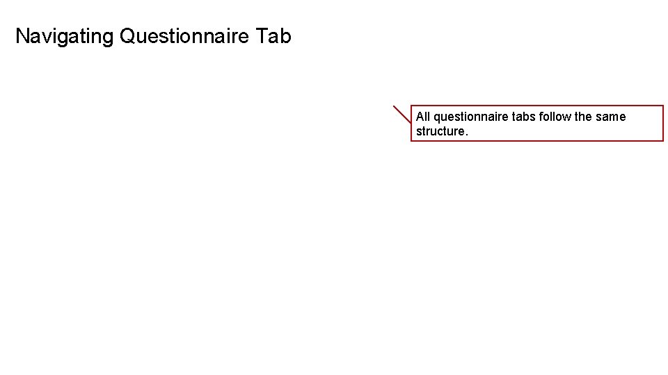 Navigating Questionnaire Tab All questionnaire tabs follow the same structure. 