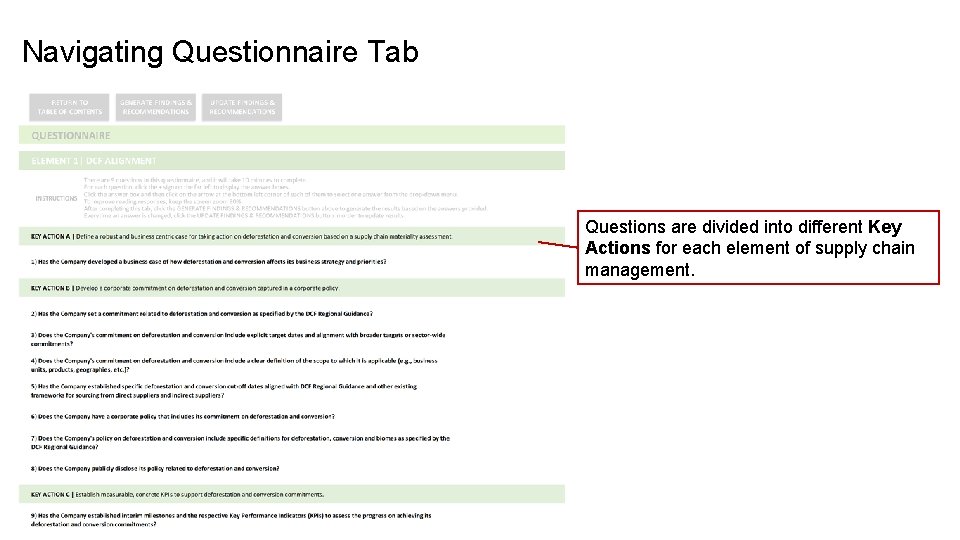 Navigating Questionnaire Tab Questions are divided into different Key Actions for each element of