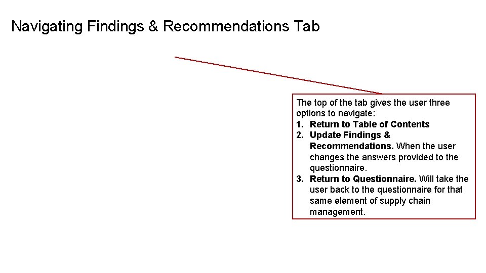 Navigating Findings & Recommendations Tab The top of the tab gives the user three