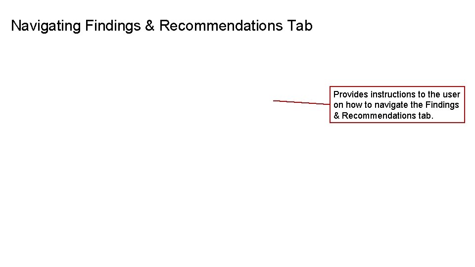 Navigating Findings & Recommendations Tab Provides instructions to the user on how to navigate