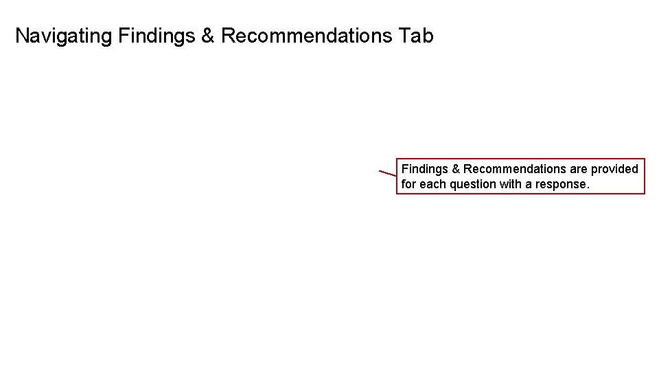 Navigating Findings & Recommendations Tab Findings & Recommendations are provided for each question with