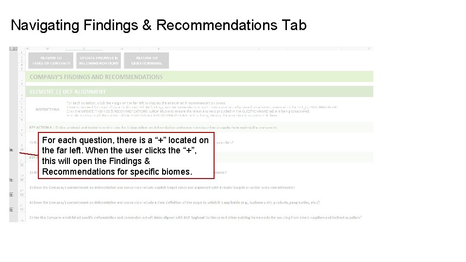 Navigating Findings & Recommendations Tab For each question, there is a “+” located on