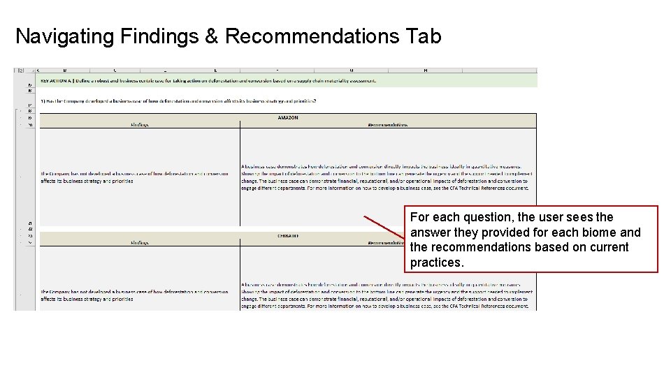 Navigating Findings & Recommendations Tab For each question, the user sees the answer they