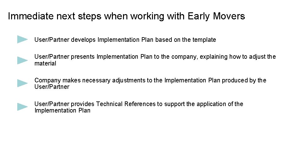 Immediate next steps when working with Early Movers User/Partner develops Implementation Plan based on