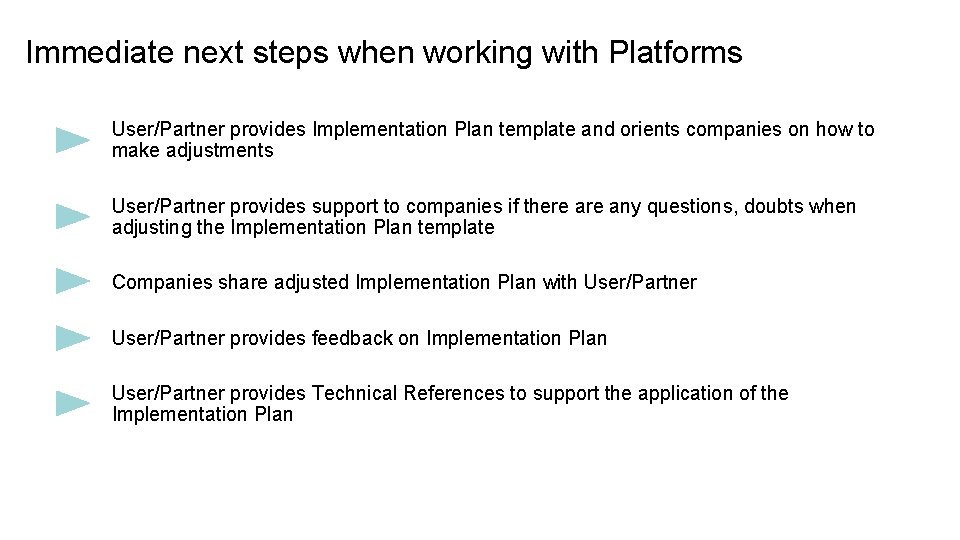 Immediate next steps when working with Platforms User/Partner provides Implementation Plan template and orients