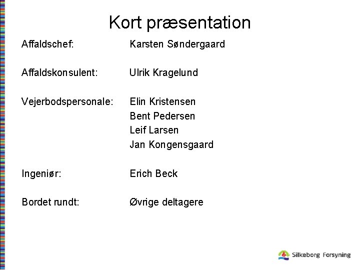 Kort præsentation Affaldschef: Karsten Søndergaard Affaldskonsulent: Ulrik Kragelund Vejerbodspersonale: Elin Kristensen Bent Pedersen Leif