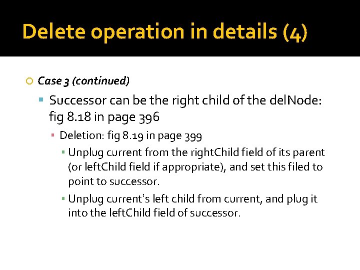 Delete operation in details (4) Case 3 (continued) Successor can be the right child