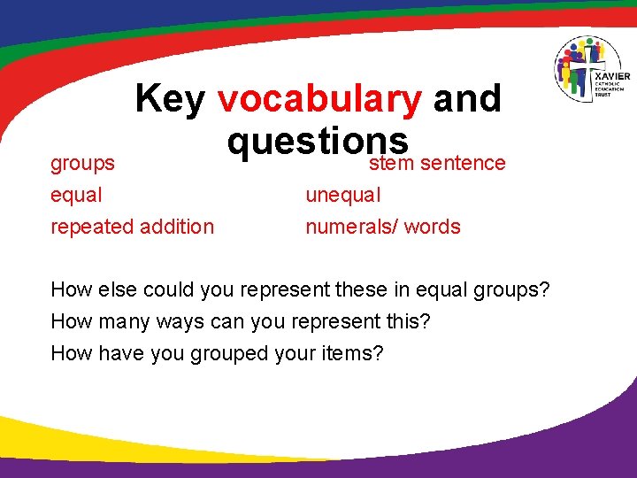 Key vocabulary and questions stem sentence groups equal repeated addition unequal numerals/ words How