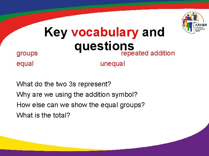 groups equal Key vocabulary and questions repeated addition unequal What do the two 3