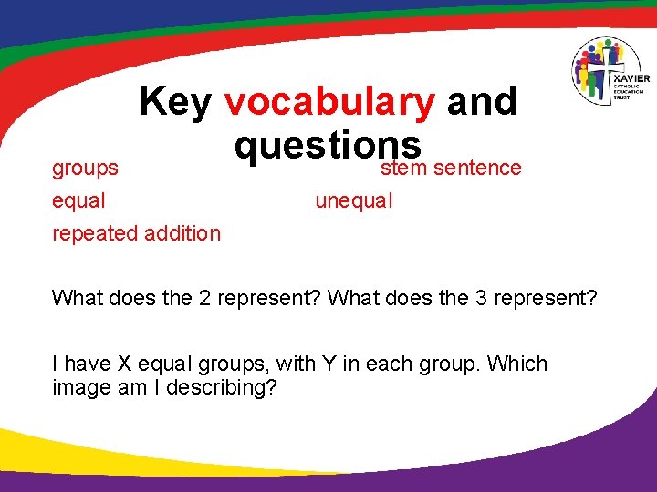 Key vocabulary and questions stem sentence groups equal repeated addition unequal What does the