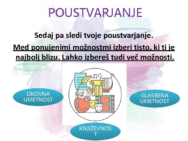 POUSTVARJANJE Sedaj pa sledi tvoje poustvarjanje. Med ponujenimi možnostmi izberi tisto, ki ti je