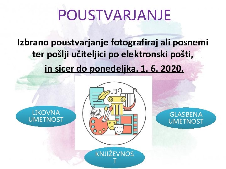 POUSTVARJANJE Izbrano poustvarjanje fotografiraj ali posnemi ter pošlji učiteljici po elektronski pošti, in sicer