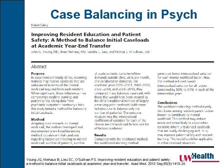 Case Balancing in Psych Young JQ, Niehaus B, Lieu SC, O'Sullivan PS. Improving resident