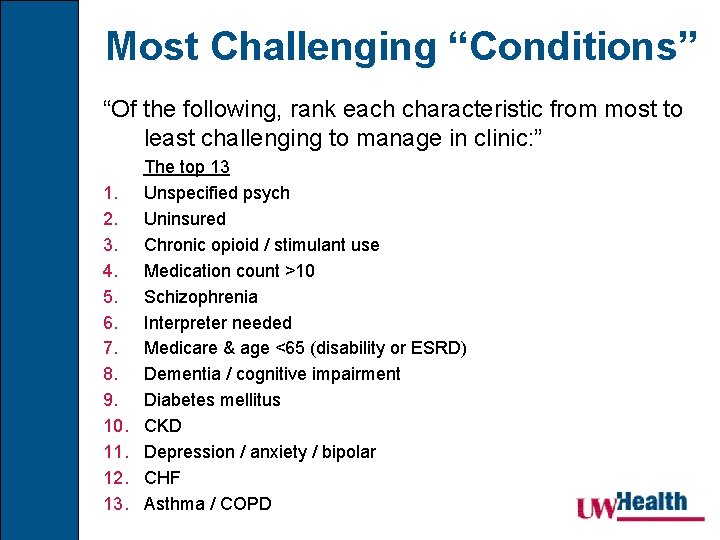 Most Challenging “Conditions” “Of the following, rank each characteristic from most to least challenging