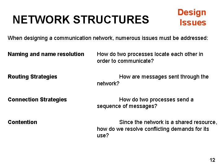 NETWORK STRUCTURES Design Issues When designing a communication network, numerous issues must be addressed:
