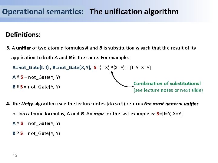 Operational semantics: The unification algorithm Definitions: Definitions 3. A unifier of two atomic formulas