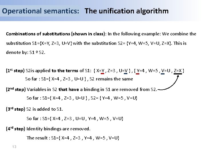 Operational semantics: The unification algorithm Combinations of substitutions (shown in class): In the following