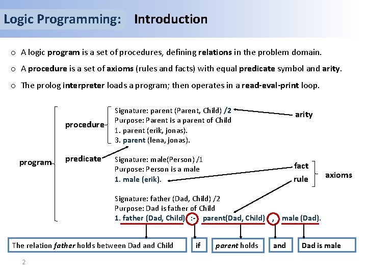 Logic Programming: Introduction o A logic program is a set of procedures, defining relations