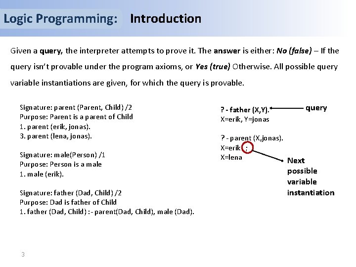 Logic Programming: Introduction Given a query, the interpreter attempts to prove it. The answer