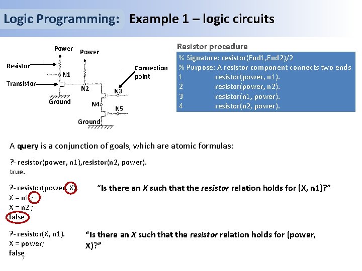 Logic Programming: Example 1 – logic circuits Power Resistor procedure Power Resistor Connection point