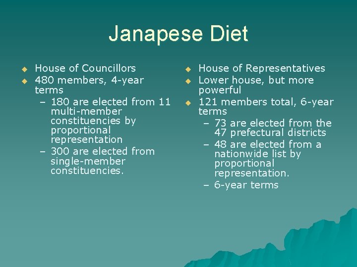 Janapese Diet u u House of Councillors 480 members, 4 -year terms – 180