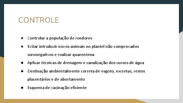 CONTROLE ● Controlar a população de roedores ● Evitar introduzir novos animais no plantel