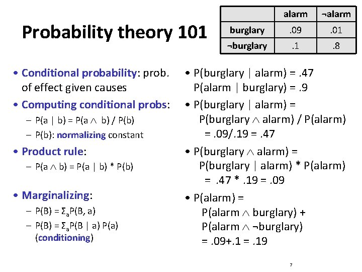 Probability theory 101 • Conditional probability: prob. of effect given causes • Computing conditional