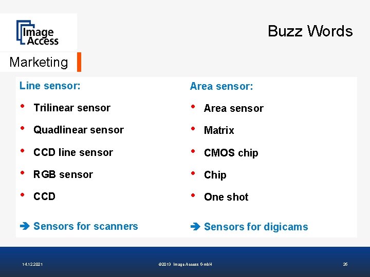 Buzz Words Marketing Line sensor: Area sensor: • • • Trilinear sensor Quadlinear sensor