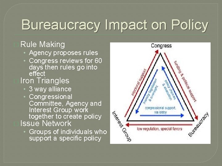Bureaucracy Impact on Policy � Rule Making • Agency proposes rules • Congress reviews