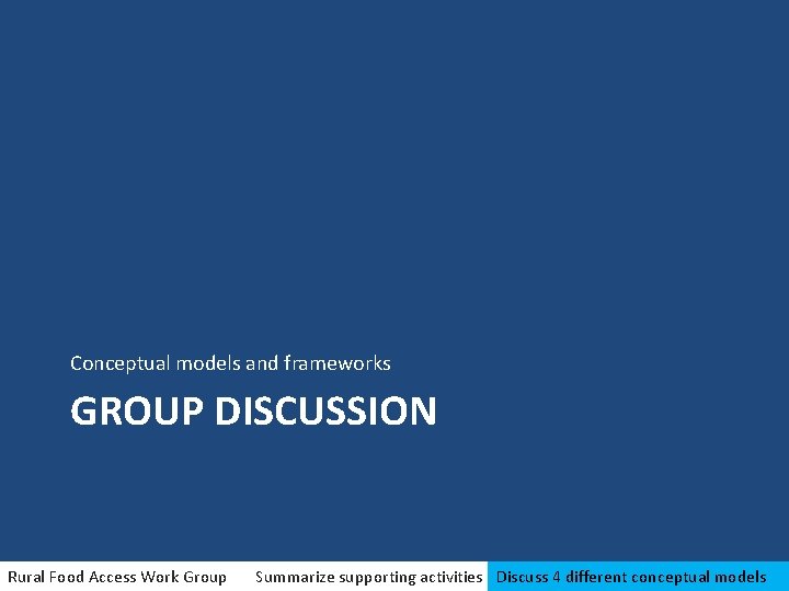 Conceptual models and frameworks GROUP DISCUSSION Rural Food Access Work Group Summarize supporting activities